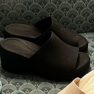 Crocs Black and Beige Sandals, Light Blue Clogs